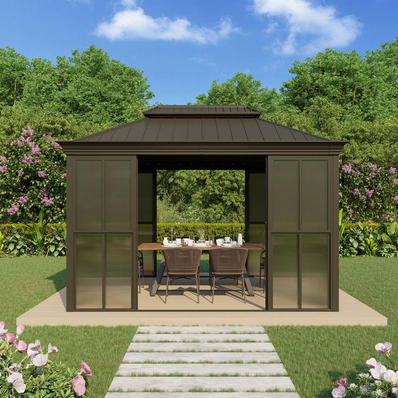 Hardtop Gazebo with Double Steel Roof, Sliding/Lockable Doors & Screens - All-Season Rustproof Aluminum Frame，Advanced Drainage