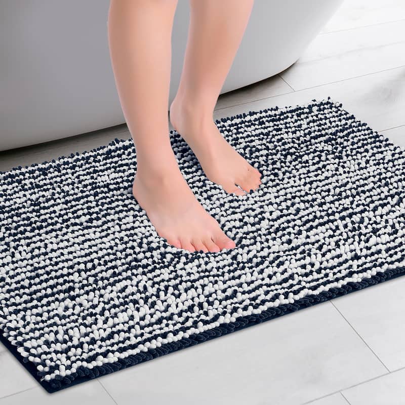 Chenille Striped Bathroom Rugs, Extra Thick and Absorbent Bath Rug Non-Slip Soft Plush Shaggy Bath Carpet - Dark Blue