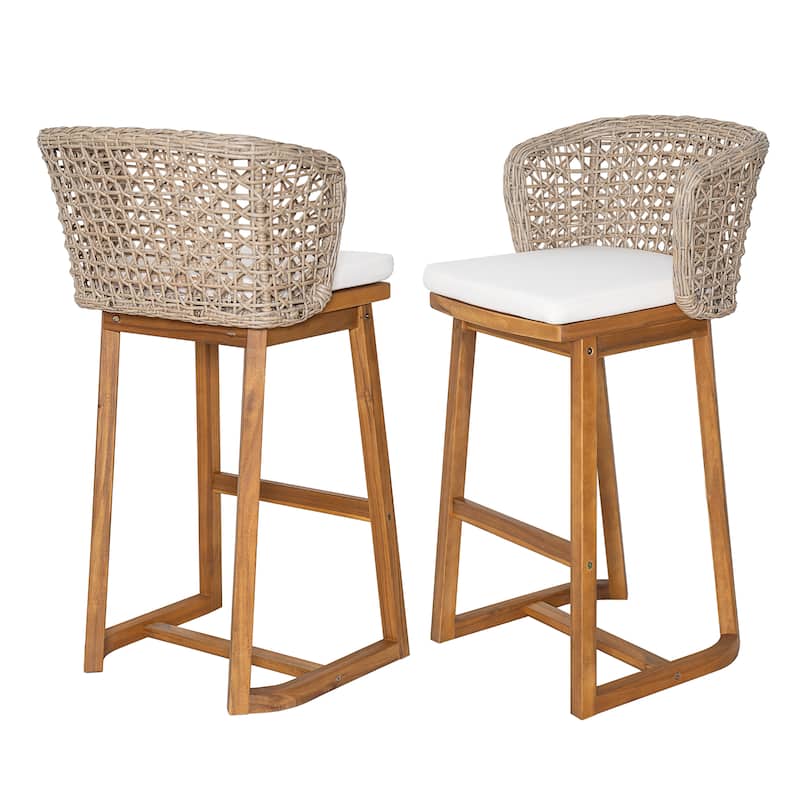 Scott Living Dome Outdoor Bar Stool Acacia Wood and Light Brown Wicker, Set of 2