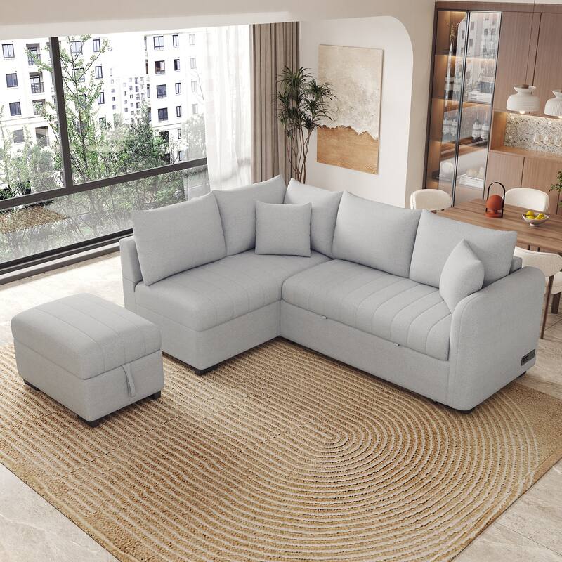 82.6" L-shaped Sectional Pull Out Sofa Bed Sleeper Sofa with Two USB Ports, Two Power Sockets and a Movable Storage Ottoman, Bei