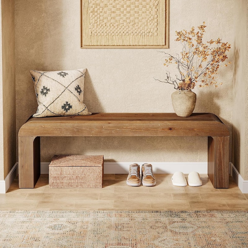 Solid Wood Dining Bench, 55" Modern Farmhouse Entryway Bench Indoor, End of Bed Bench - 55" W × 13.8" D × 17.7" H