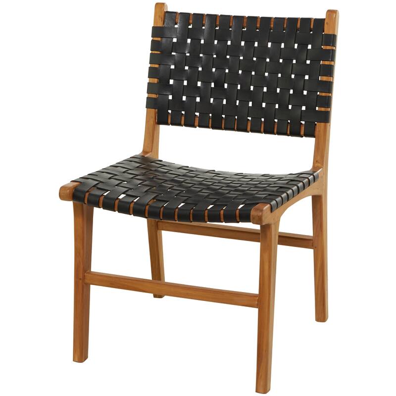 Brown, Black, White Leather Handmade Woven Kitchen Dining Chair with Teak Wood Frame