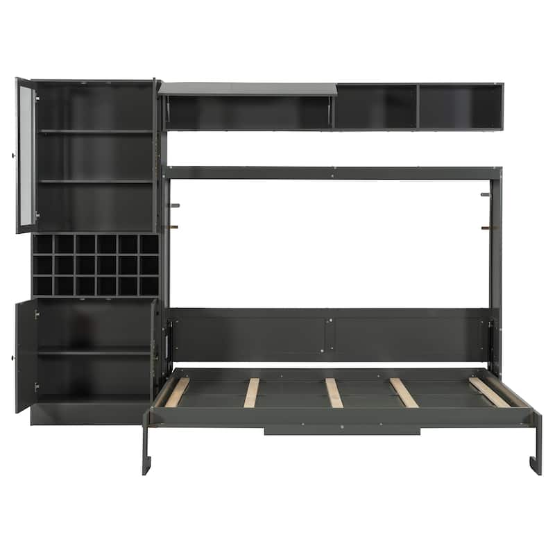 Multifunctional Full Size Murphy Bed Storage Wall Bed with Sofa, USB, Glass Door Cabinet, Wine Rack and Shelves, Foldable Design