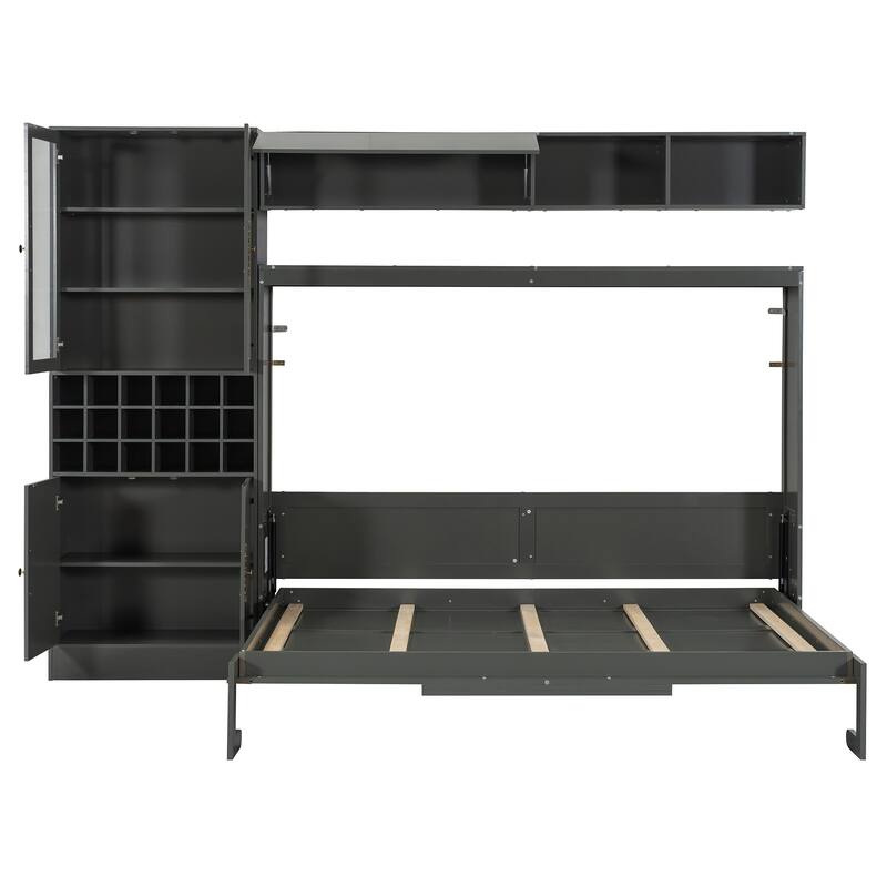 Space-Saving Full Size Murphy Bed with Sofa, Shelves, USB & Light in Gray