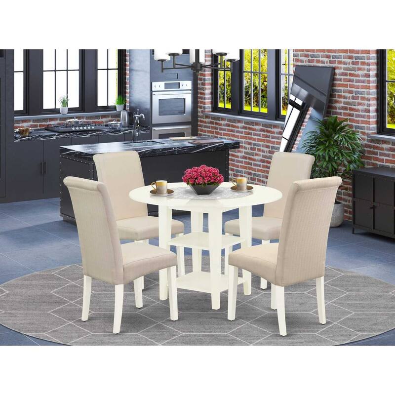 HomeStock 5-Pc Round Linen White Finish Solid Wood Top-Dining Room Set with Dropleaf-Seats 4