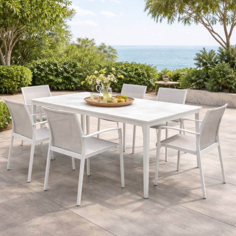 Rue 71 Inch Outdoor Patio Dining Table, Sintered Stone Top, White Frame