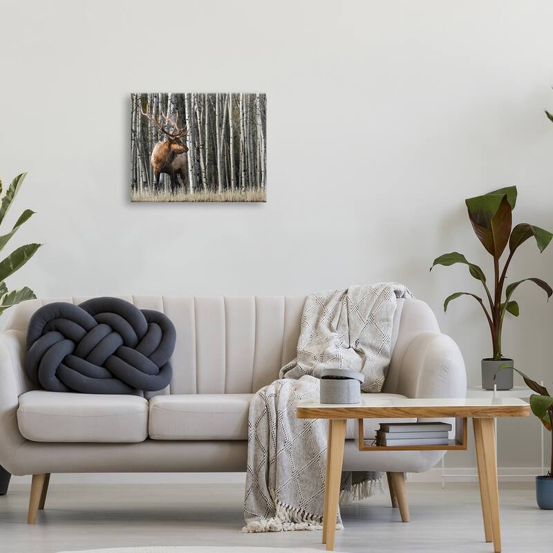 Stupell Elk Looming Out Birch Trees Animal Forest Photograph Canvas Wall Art - Grey