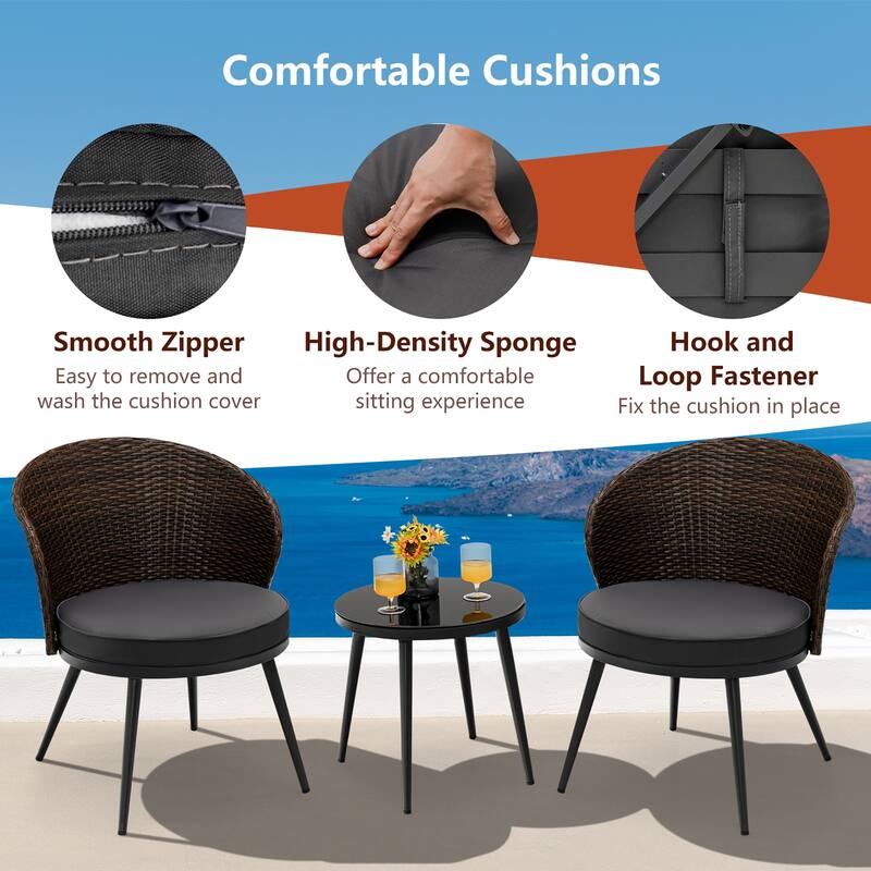 3PCS Patio Rattan Bistro Furniture Set Cushioned Chair Table Garden