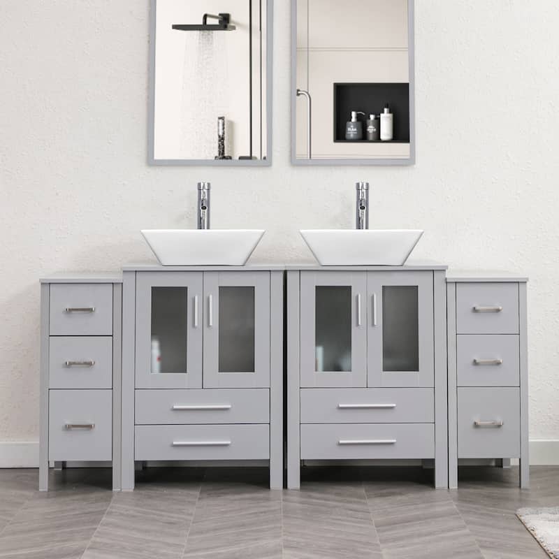 72" Bathroom Vanity Set Glass Ceramic Vessel Sink Side Cabinet Combo - white ceramic square sink - Grey
