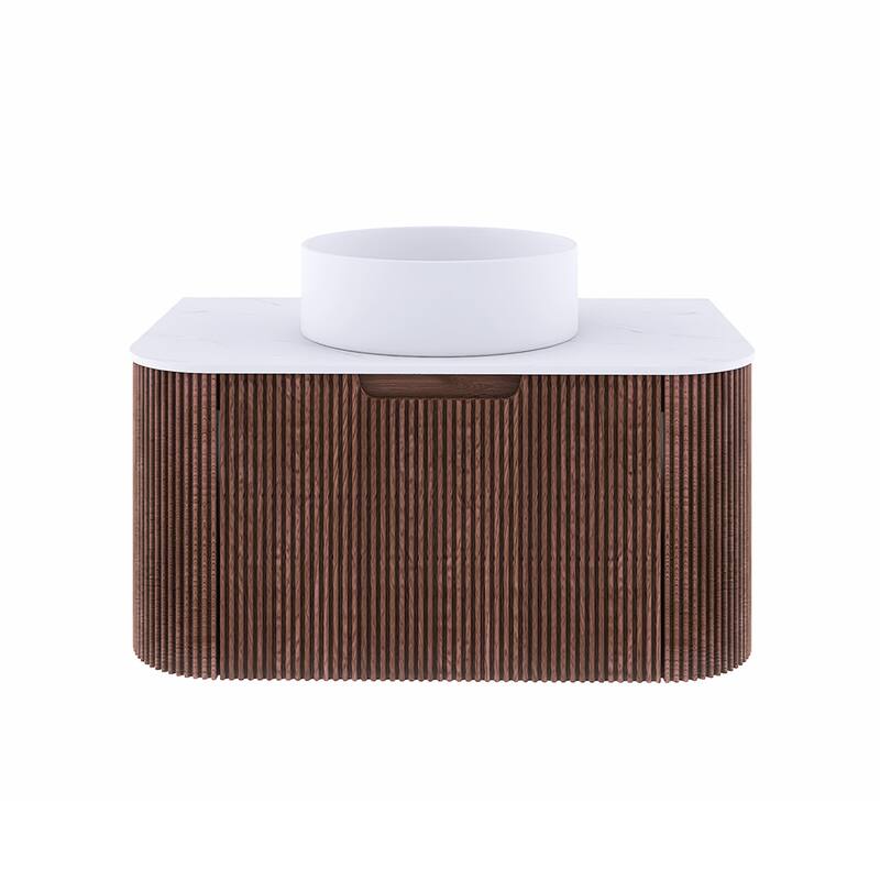 Plywood Wall-Mounted Bathroom Vanity Set with Integrated Ceramic Sink in Natural Wood