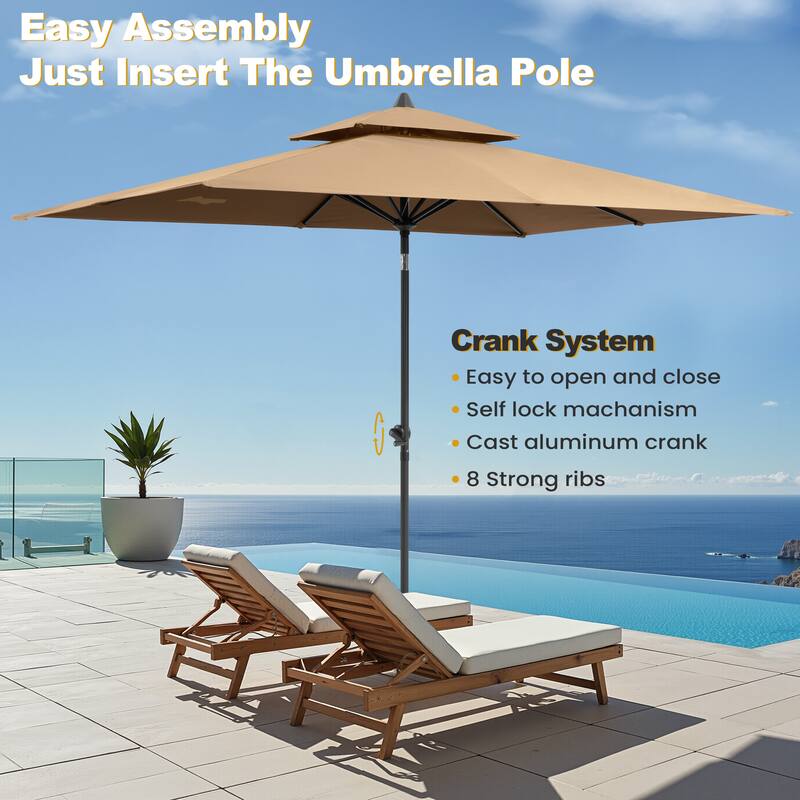 9-Piece Outdoor Patio Dining Set Wood Like Aluminum Umbrella Hole Table with Rattan Chairs, Market Umbrella and Wheel Base