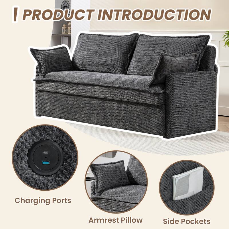 59.5" Ergonomic Sofa Bed with Storage & Charging - Supportive Chenille Convertible Sleeper, 800lb Capacity