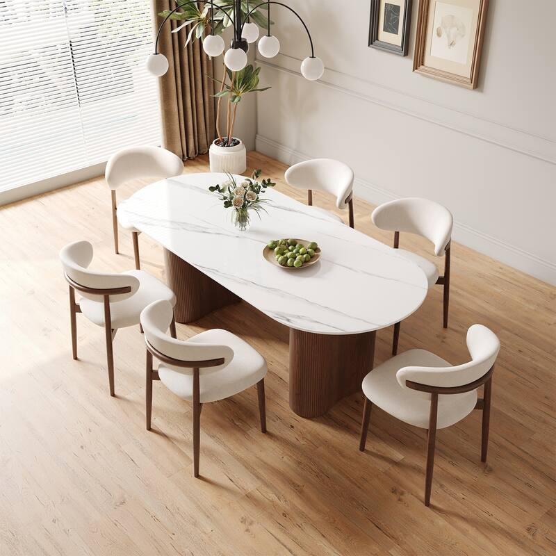 71" Glossy White Sintered Stone Dining Table, Double Round Legs, Oval Kitchen Table for 6 Persons