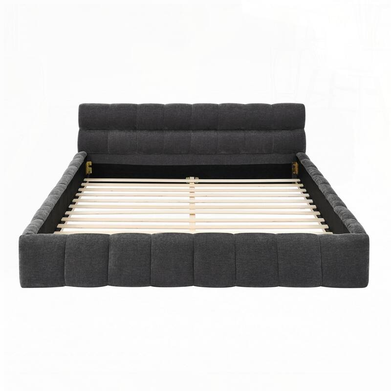 Chenille Fabric Grounded Queen Size Platform Bed with Headboard and Solid Frame