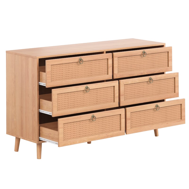 PE Rattan Double Dresser with 6 Drawers, Chest of Drawers Bedroom Storage Organizer