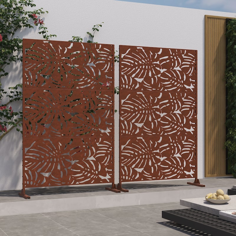 Outdoor Free Standing Metal Privacy Screen - 2 Pack - REDDISH BROWN-Leaf