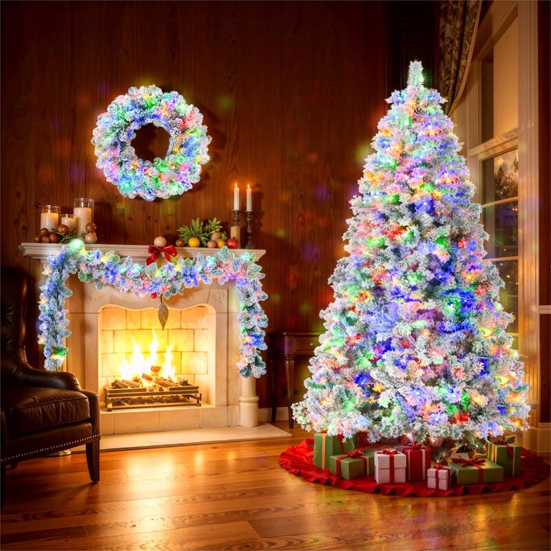 6 FT Snow Flocked Christmas Tree, Artificial Christmas Tree with LED Lights and 8 Lighting Modes, Holiday Decoration Tree - White