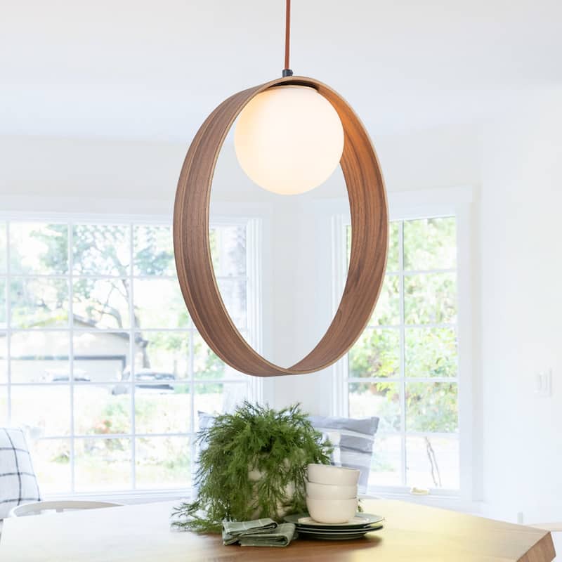 12-in Modern Wood Pendant Light Opal Glass Globe Kitchen Hanging Lamp - Dia.12-in - Dia.12-in