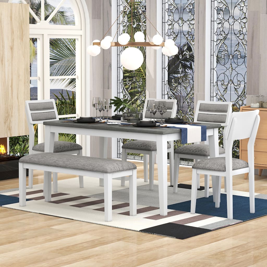 White+Gray 6-Piece Wooden Dining Table Set with 4 Chairs & Bench