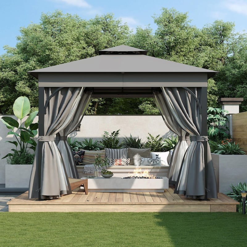 Outdoor Gazebo Tent with Double Roof, Mosquito Netting & Privacy Screens - Grey - 10 x 10