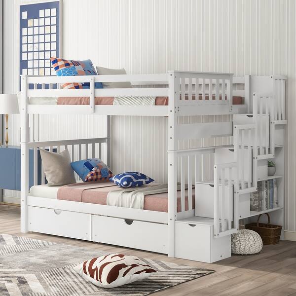 slide 2 of 12, White Full Over Full Bunk Bed with Storage Shelves, 6 Drawers, and Safe Staircase Access White - Full