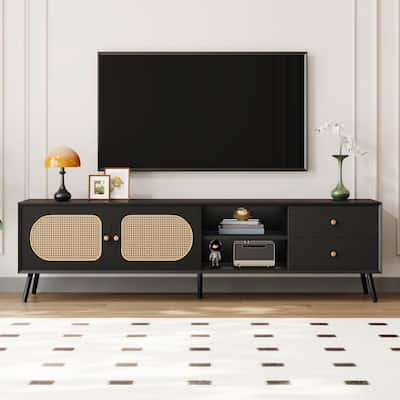 70" TV Stand for TVs up to 80 Inches, Mid-Century Modern Entertainment Center with Rattan Doors