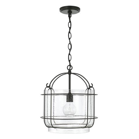 Harmon 14.25" 1-light Matte Black Pendant w/ Clear Seeded Glass & Outer Cage
