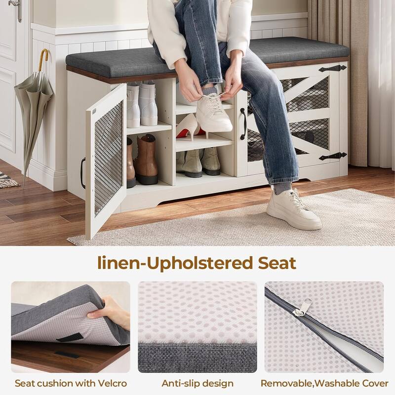Storage Bench with Cushion Adjustable Shelf Shoe Rack Cabinet