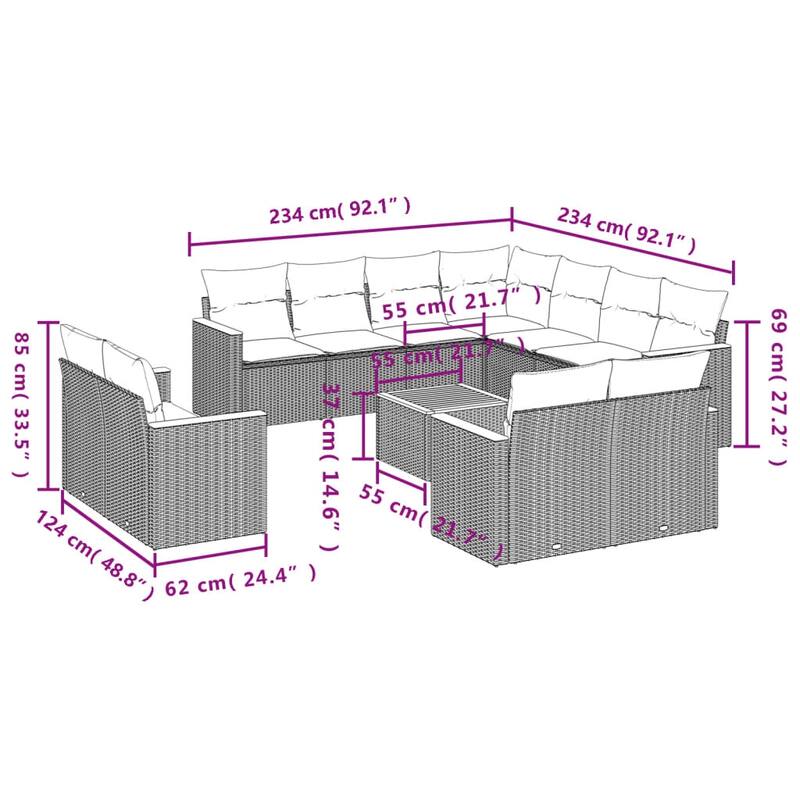 vidaXL Patio Sofa Set with Cushions Outdoor Conversation Furniture Poly Rattan - 24.4 x 24.4 x 27.2 in