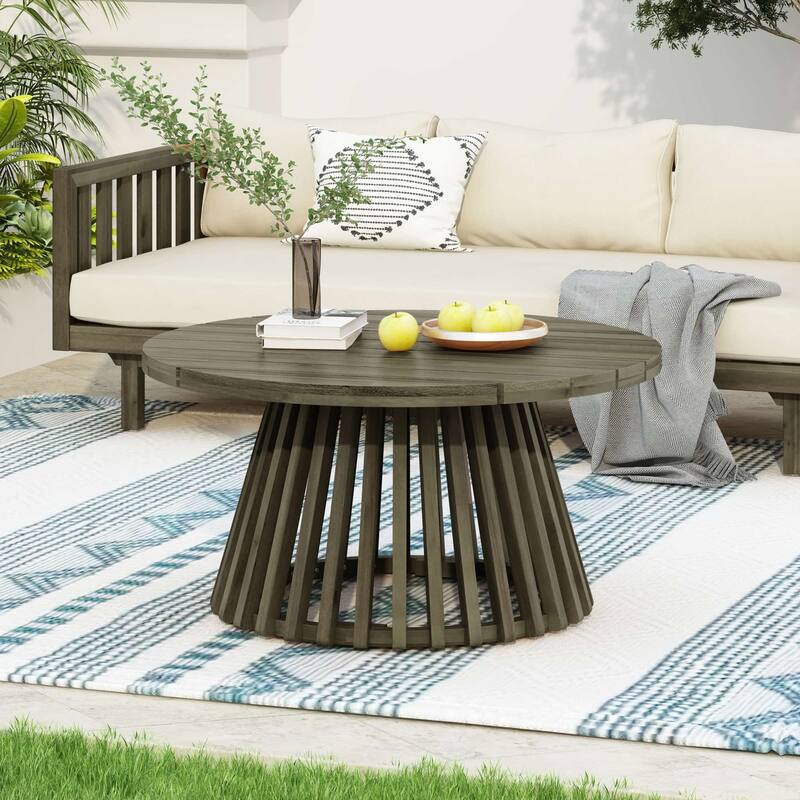 31.5-Inch Outdoor Acacia Wood Round Coffee Table with Slated Base - Grey