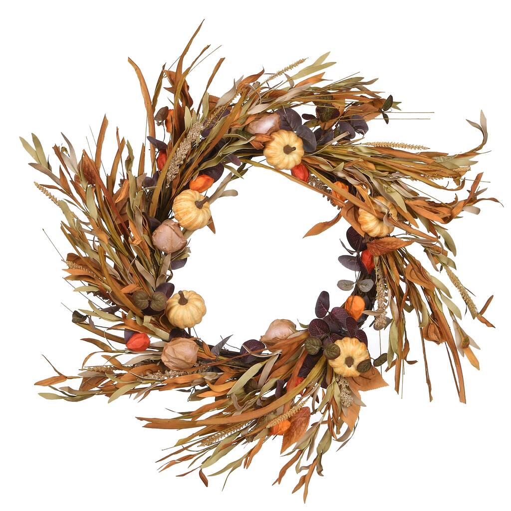National Tree Company Artificial Autumn Wreath with Pumpkins, Grasses, Leaf Stalks, Seedpods, 24 in. - 24"