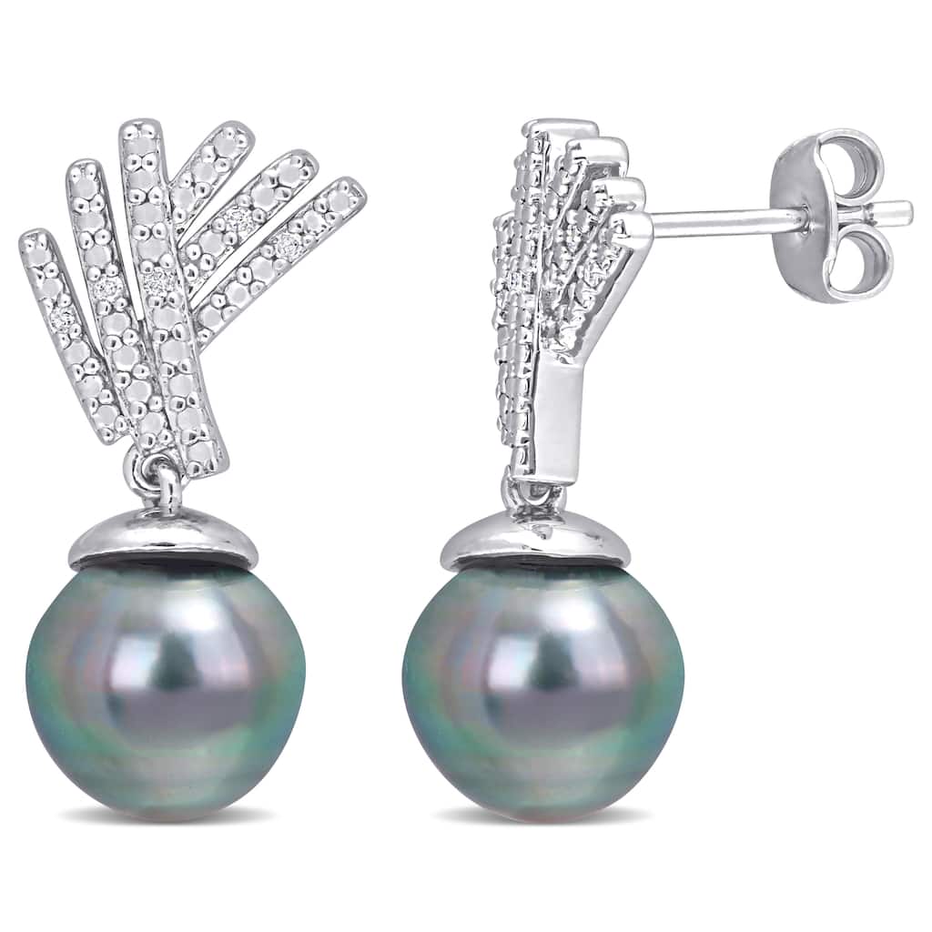 Miadora 9.5-10mm Black Tahitian Cultured Pearl and Diamond Accent Drop Earrings in Sterling Silver