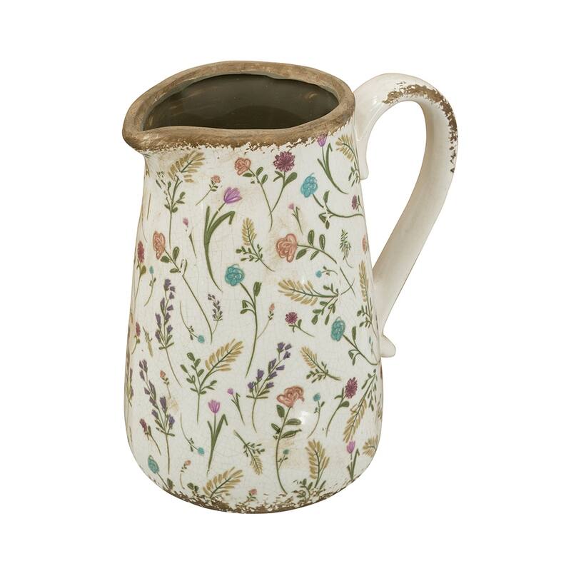 8.1x5.7x9.1" Round Ceramic Pitcher Vase with Multi-Colored Floral Motifs