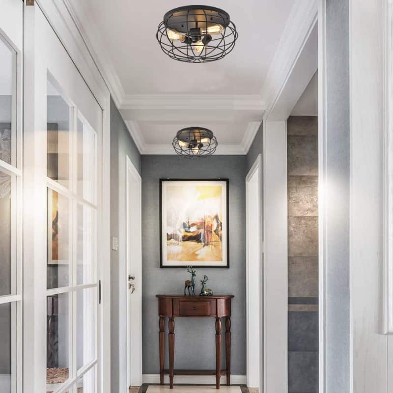 3 - Light Brushed Bronze Caged Flush Mount