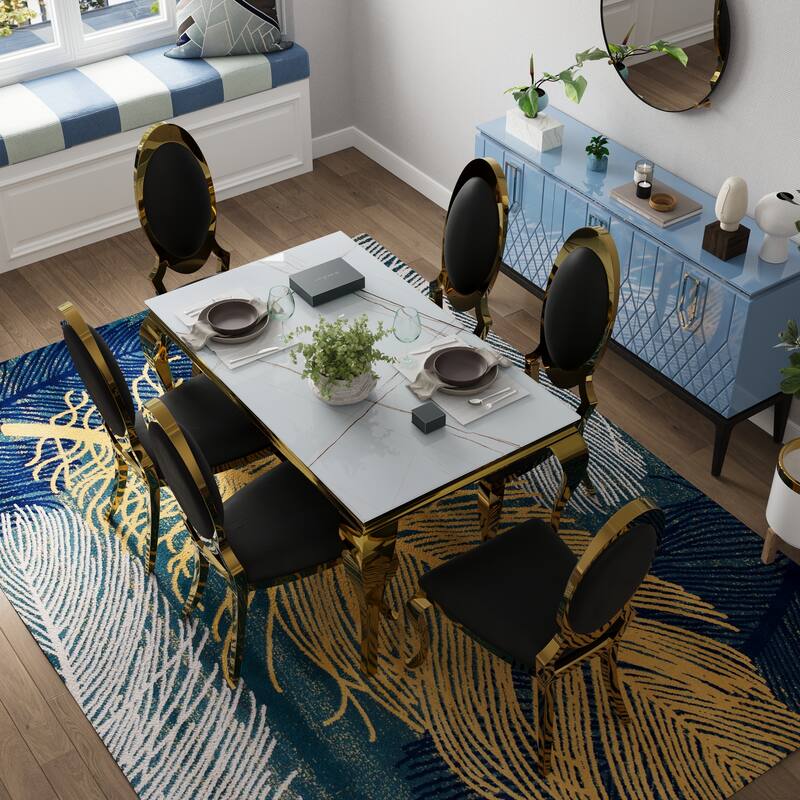 Luxury White Glass Dining Room Table Set with PU Leather Dining Chairs