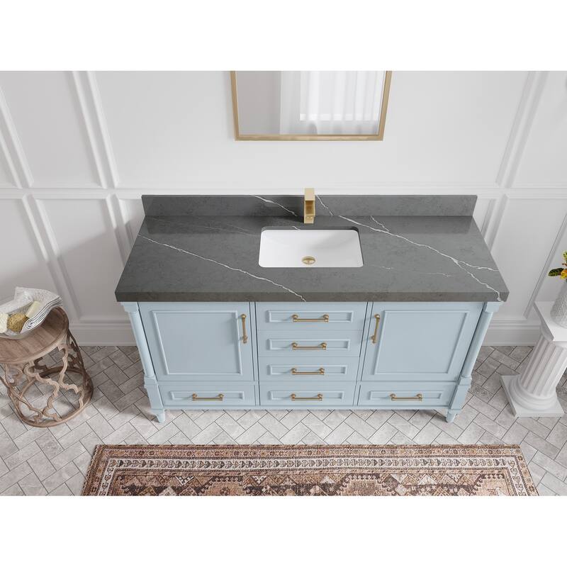 Willow Collections 60 in. W x 22 in. D Reeded Aberdeen Double Bowl Sink Bathroom Vanity with Countertop - 2"Piatra Gray - Blue Heather