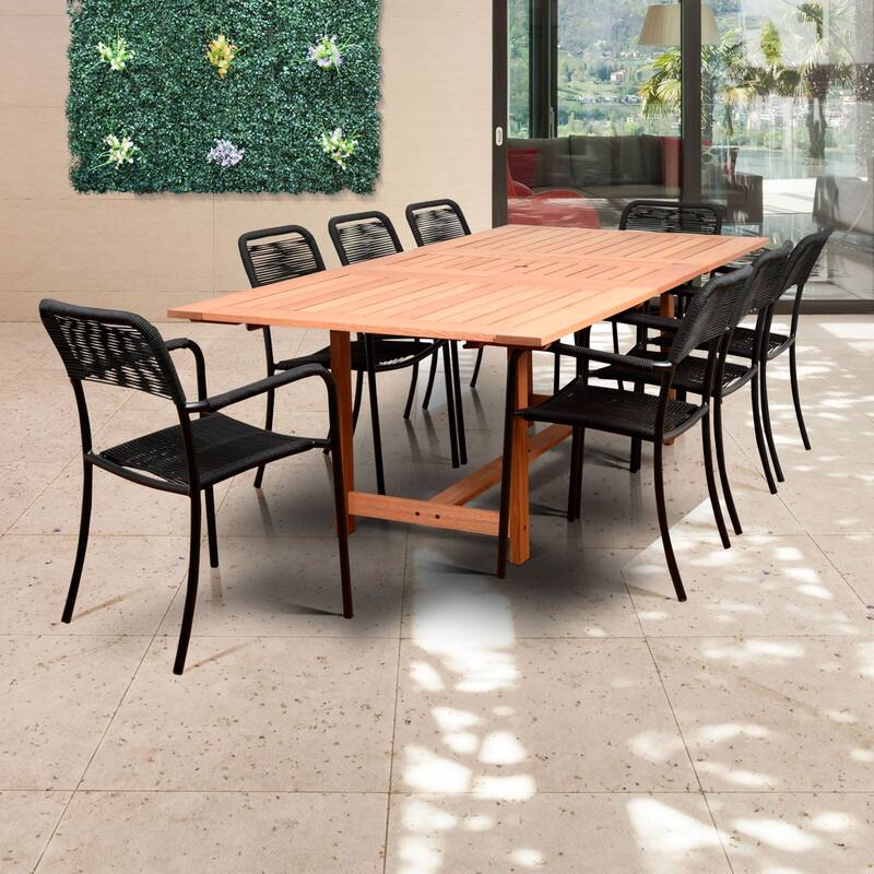 9-Piece Brown and Black Oosterdam Eucalyptus Rectangular Patio Dining Set 92.5"
