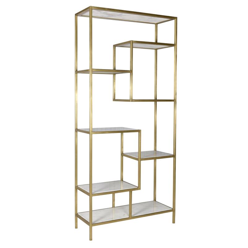 Cairo Brushed Brass and White Marble Modern 80-inch Tall Bookcase