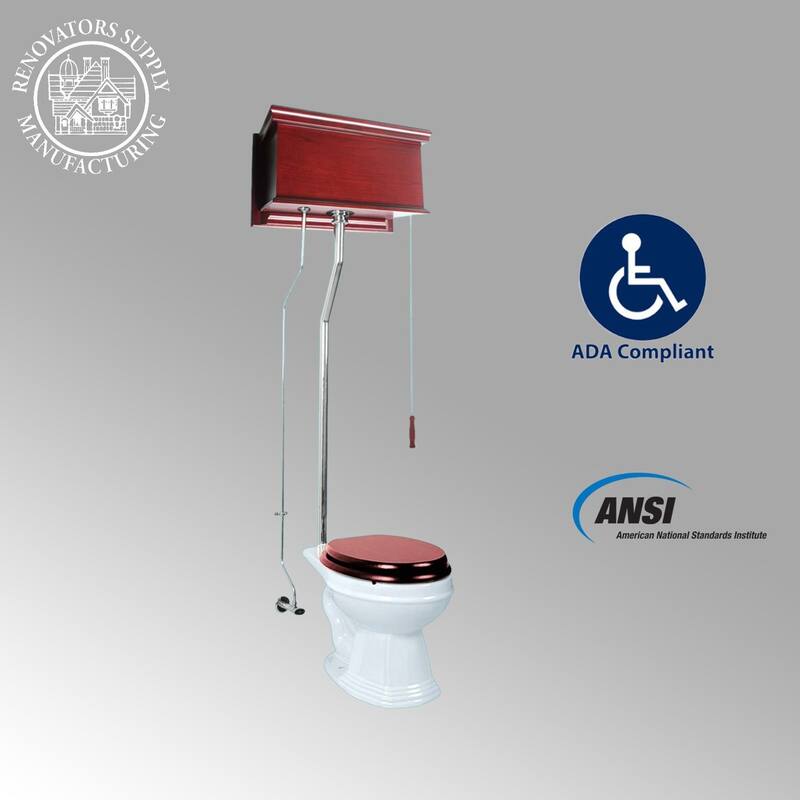 High Tank Toilet - Cherry Wooden Tank, Elongated White Bowl and Chrome L Pipes Renovators Supply