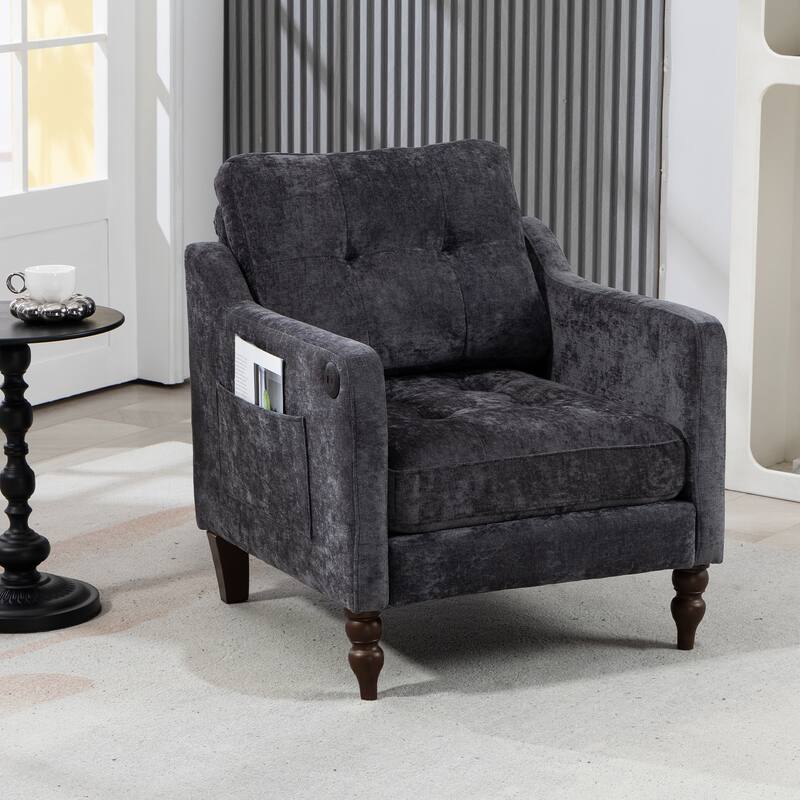 Accent Comfy Chenille Chair w/USB charging port,High-support Sponge,Wide Backrest, Upholstered Arm Chair w/Side Storage