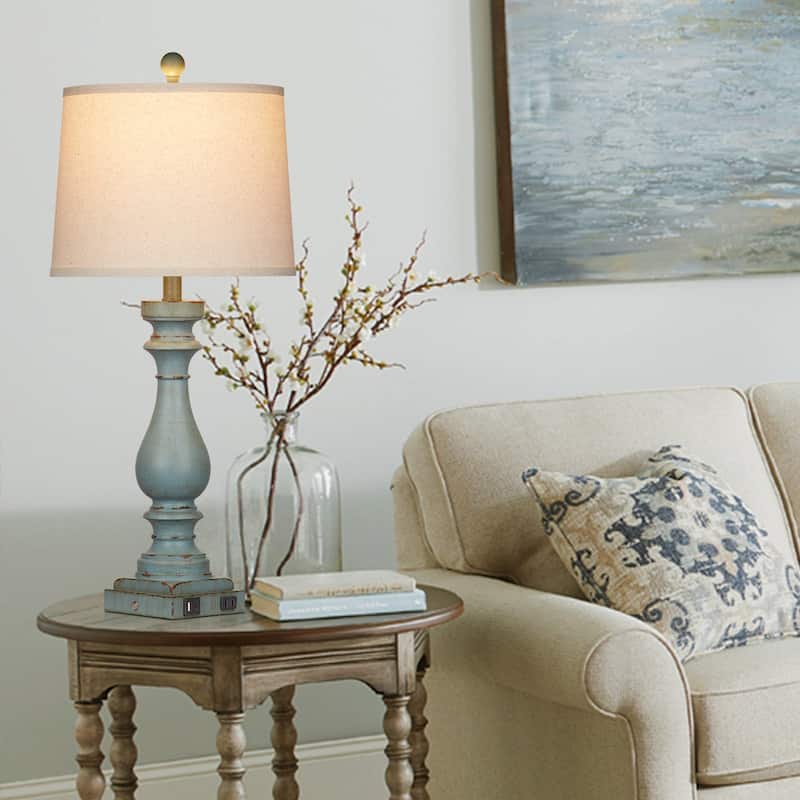 Set of 2 Blue Resin Drop-Style Table Lamps with 3-Way Touch Dimming and Charging Ports