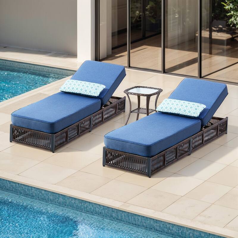 ArcoBay 3-Piece Brown Wicker Outdoor Patio Chaise Lounge with 5-Inch Thick Cushions and Side Table