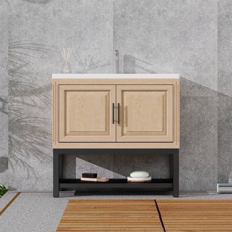 36" Bathroom Vanity with White Ceramic Sink & Hot and Cold Faucet, Freestanding Bathroom Cabinet with 2 Storage Doors - Natural