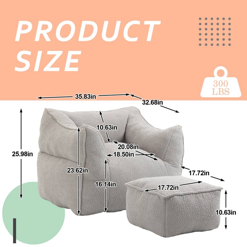 Boucle Upholstered Deep Seat Armless Square Bean Bag Chair with Ottoman