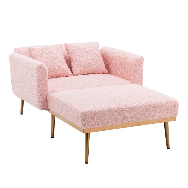 62'' L Chaise Lounge Indoor, Modern Teddy Fabric Sleeper Chair Bed for Living Room, Convertible Lounge Chair with Iron Legs