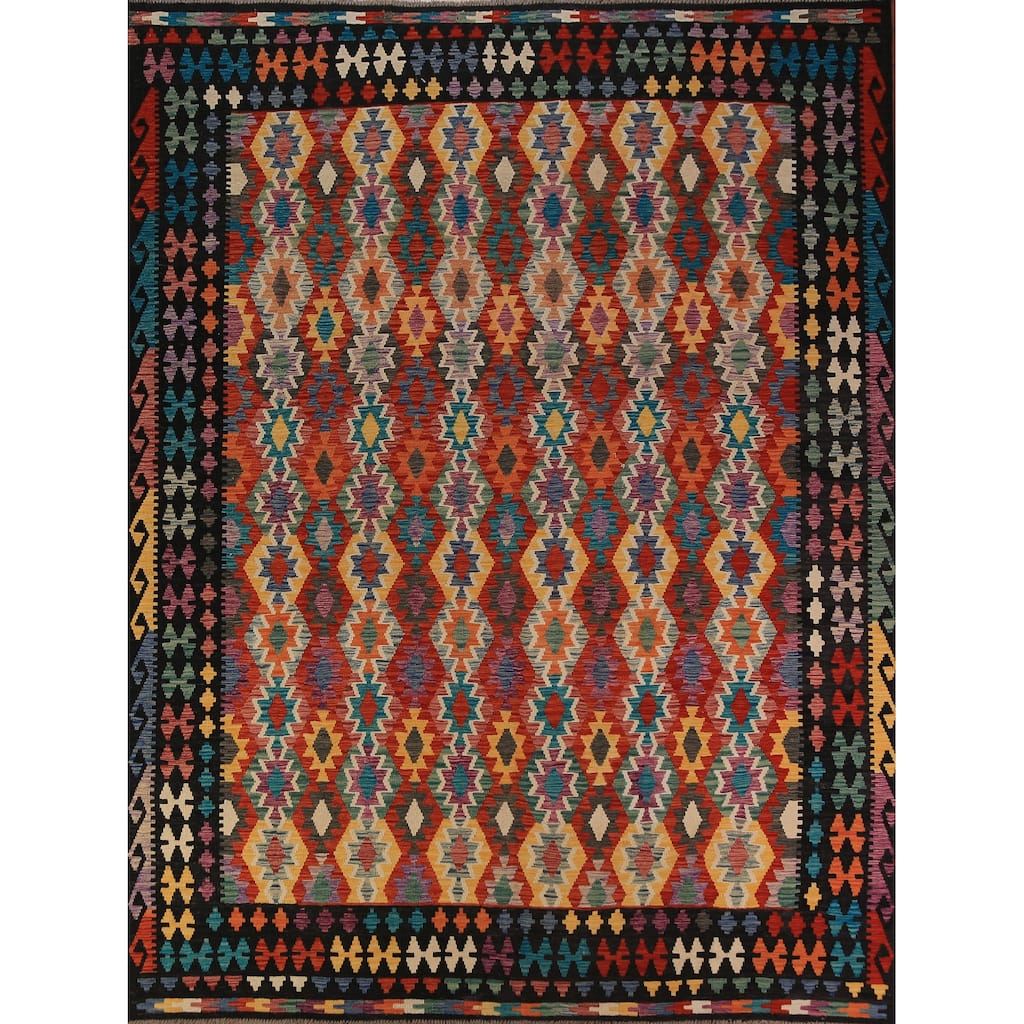 All-Over Geometric Kilim Area Rug Hand-Woven Wool Carpet - 8'11"x 11'5"
