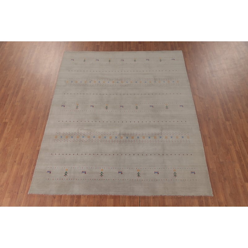 Tribal Gabbeh Area Rug Hand-Knotted Grey Wool Carpet - 7'11"x 9'7"
