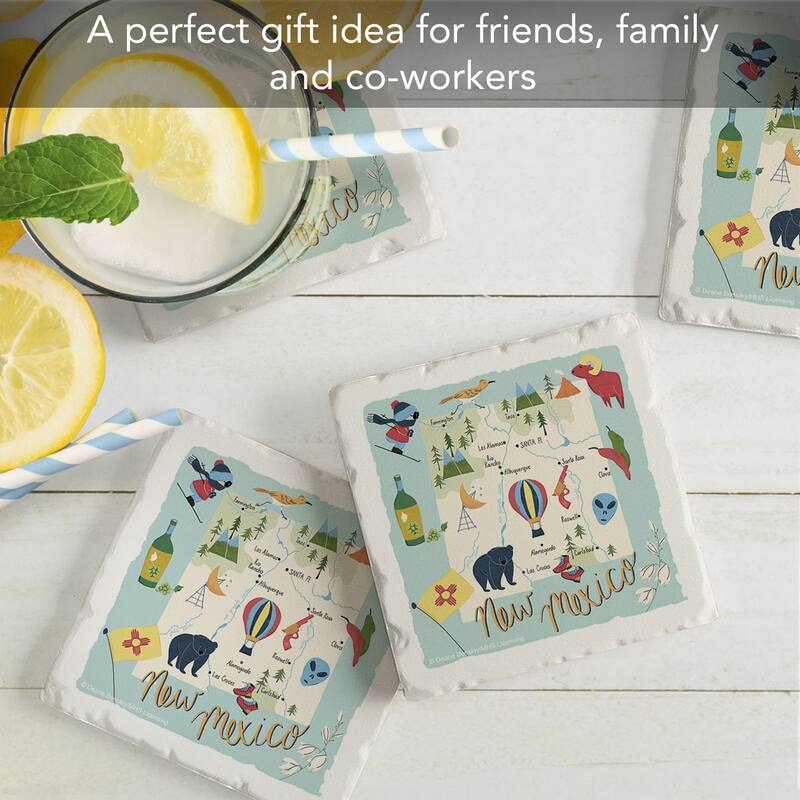New Mexico 4-Pack Absorbent Stone Coasters with Protective Cork Backing 4" Square Made in The USA Artistic Easily Wipes Clean