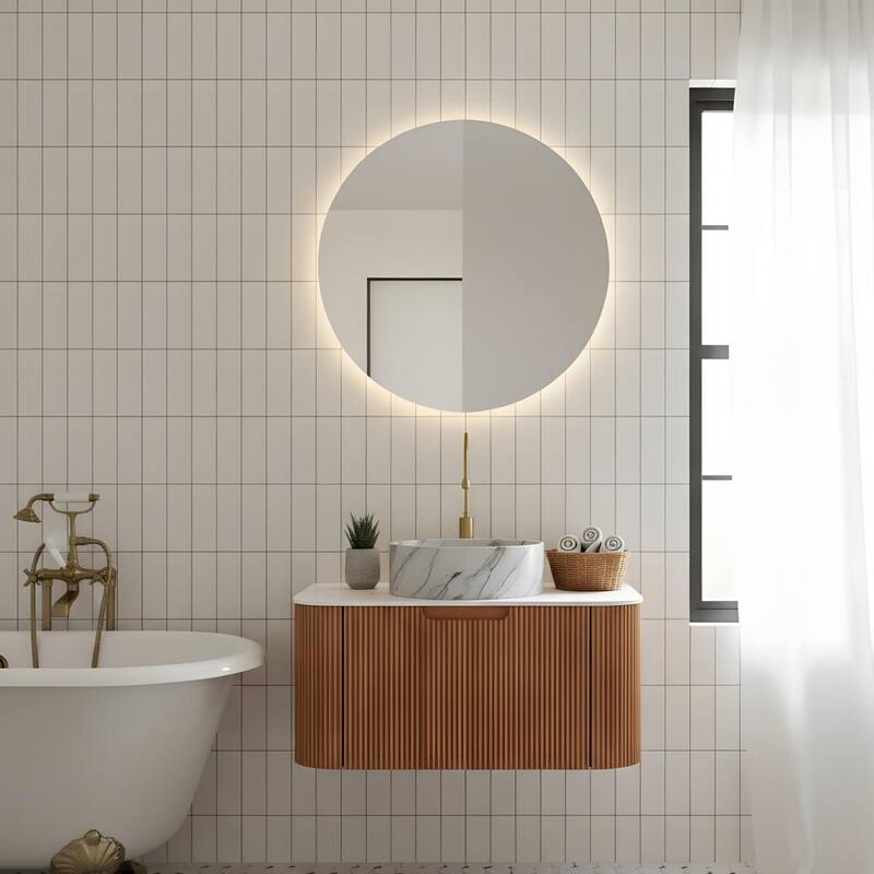 Floating Bathroom with Round Ceramic Basin and Storage Drawer