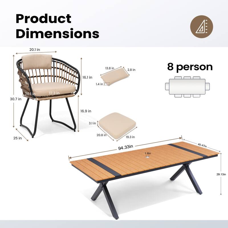 9/11PC Outdoor Patio Dining Set With Aluminum X-Frame Table Umbrella Hole Table Rattan Chairs